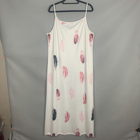 Feather Print Slip Dress Size XL White Pink Feather Motif Summer Festival Maxi - Picture 2 of 9
